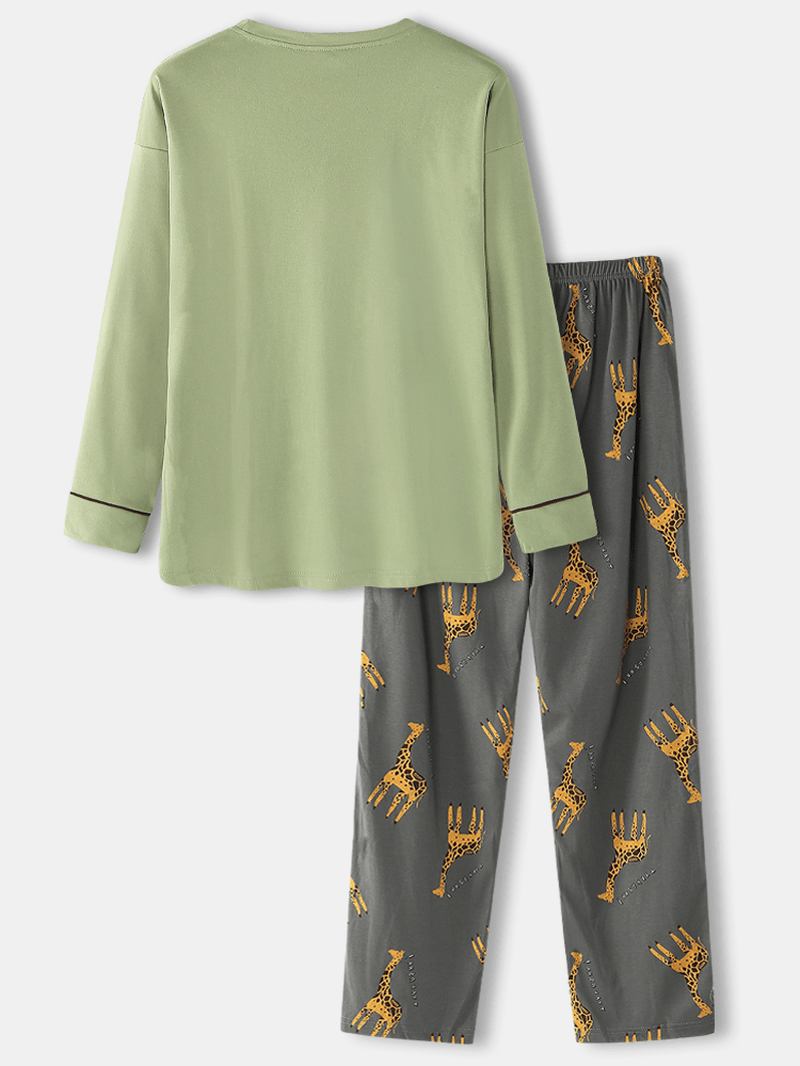 Herre Tegneserie Giraff Letter Med Trykk Drop Shoulder Cozy Pyjamas Sets