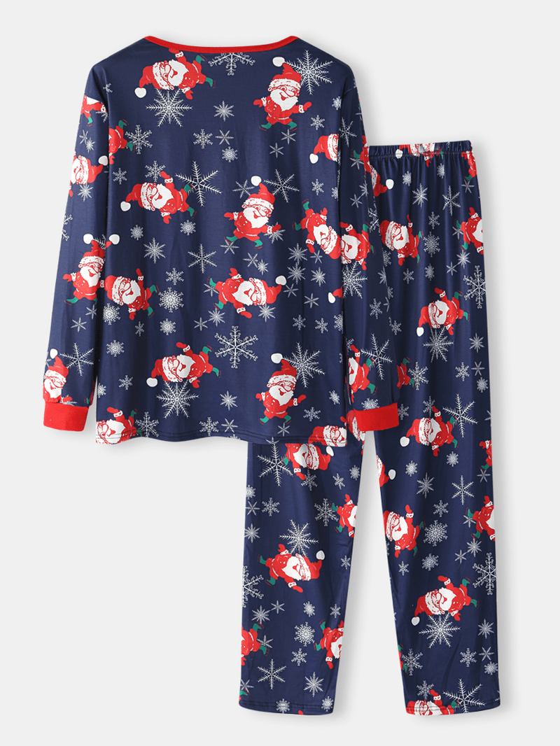 Herre Tegneserie Julenissen Med Trykk O-hals Løse Bukser Hjem Pyjamas Sett