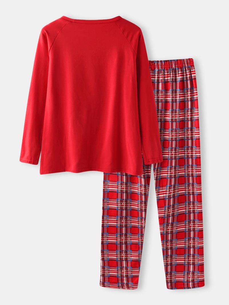 Herre Tegneserie Julenissen Med Trykk Raglan Sleeve Løse Rutete Bukser Home Lounge Pyjamassett