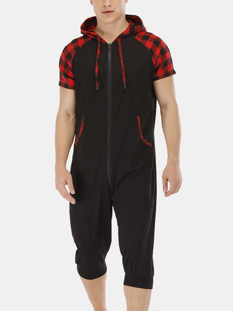 Herre Uformelt Bomull Hette Rutete Stil Kortermet Hjemme Jumpsuit