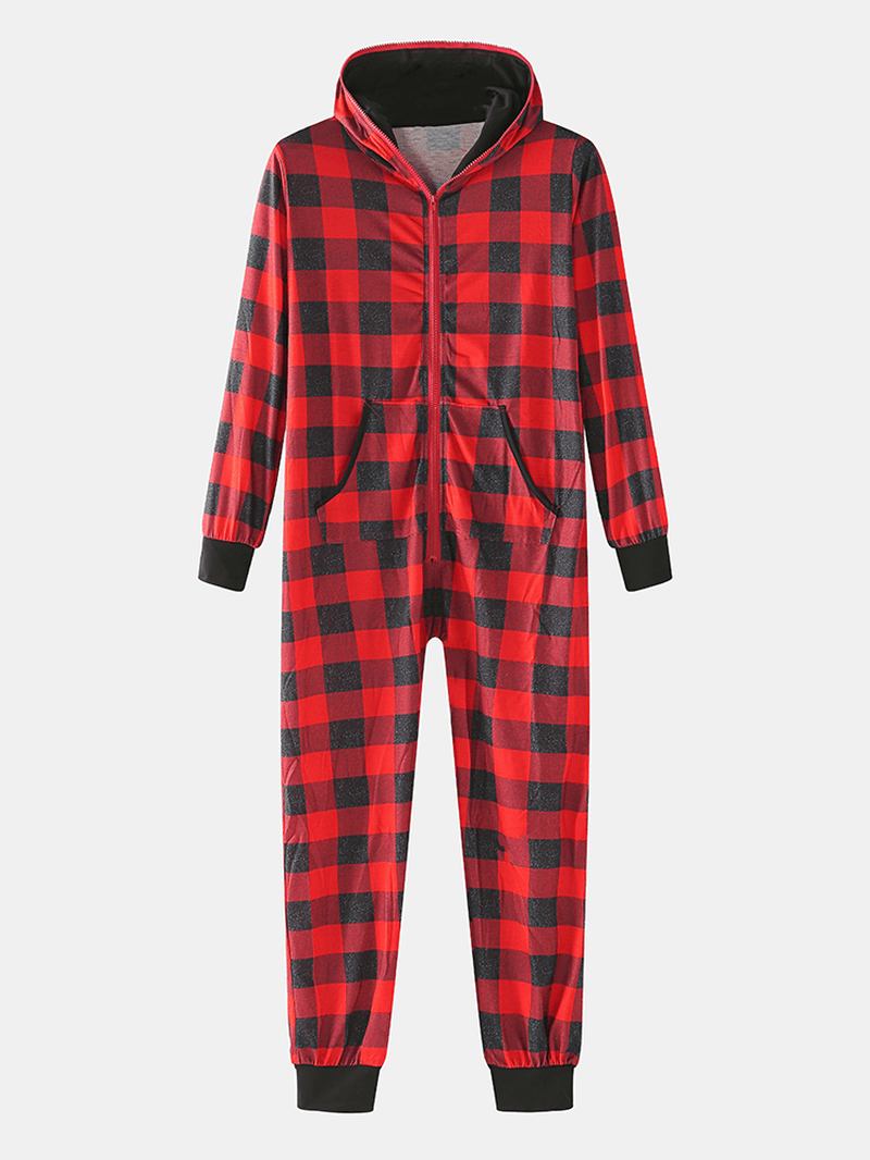 Klassisk Pleddtrykk For Menn Med Lange Armer Og Hette Jumpsuit Home One-piece Pyjamas