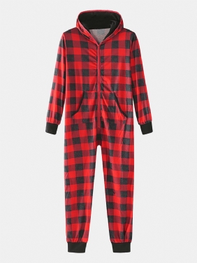 Klassisk Pleddtrykk For Menn Med Lange Armer Og Hette Jumpsuit Home One-piece Pyjamas