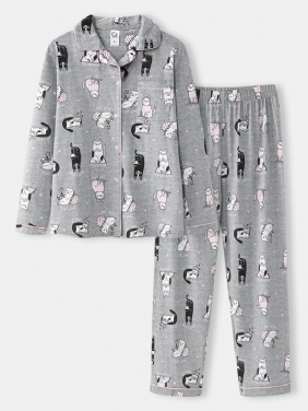 Kvinner Allover Tegneserie Katt Med Trykk Lapel Langermet Cotton Loungewear Hjem Pyjamassett