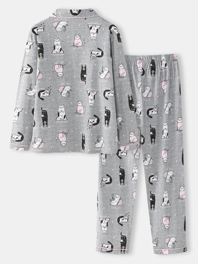 Kvinner Allover Tegneserie Katt Med Trykk Lapel Langermet Cotton Loungewear Hjem Pyjamassett