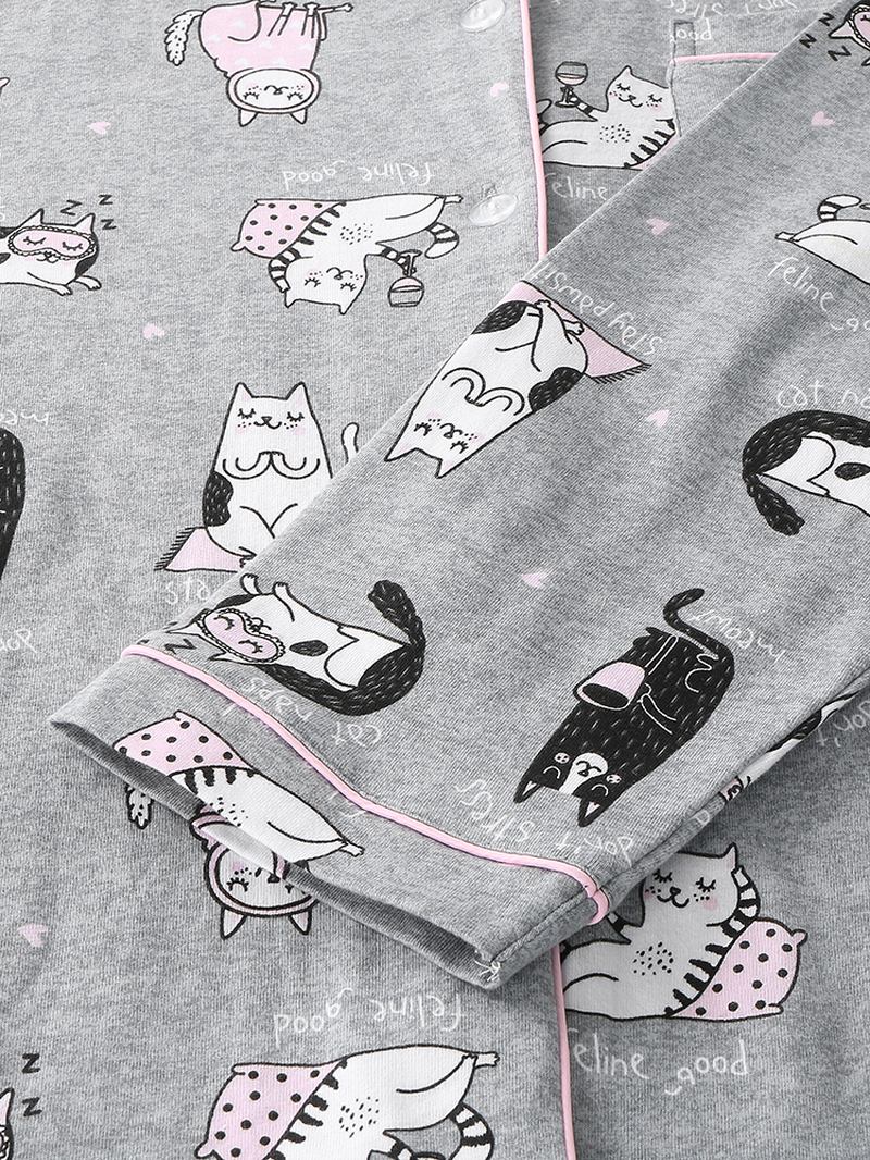 Kvinner Allover Tegneserie Katt Med Trykk Lapel Langermet Cotton Loungewear Hjem Pyjamassett