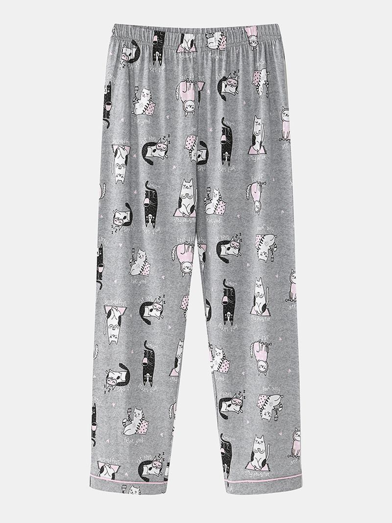 Kvinner Allover Tegneserie Katt Med Trykk Lapel Langermet Cotton Loungewear Hjem Pyjamassett