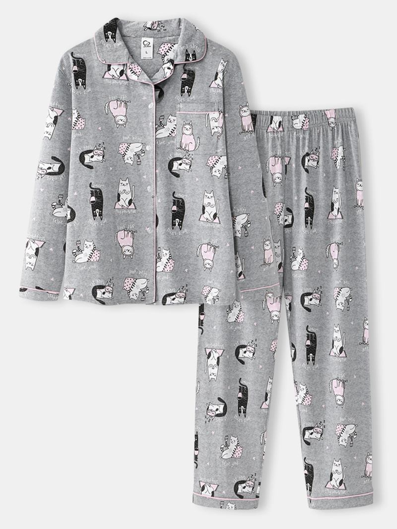 Kvinner Allover Tegneserie Katt Med Trykk Lapel Langermet Cotton Loungewear Hjem Pyjamassett