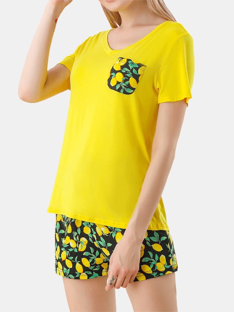 Kvinner Ananas Plant Med Trykk V-hals Kortermet Snøring Hjem Pyjamas Set