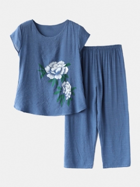 Kvinner Blomster Med Trykk Plus Size Pyjamas Løs Kortermet Loungewear