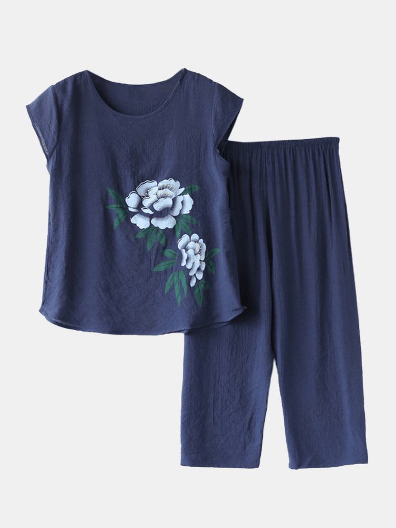 Kvinner Blomster Med Trykk Plus Size Pyjamas Løs Kortermet Loungewear