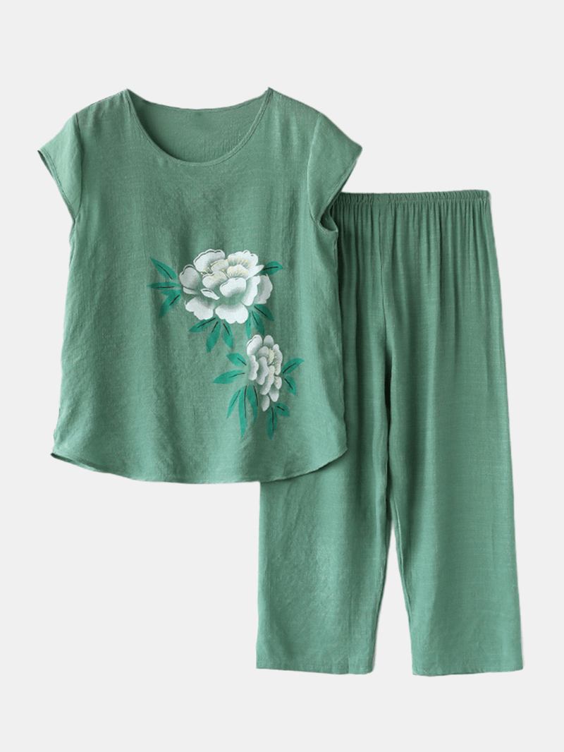 Kvinner Blomster Med Trykk Plus Size Pyjamas Løs Kortermet Loungewear