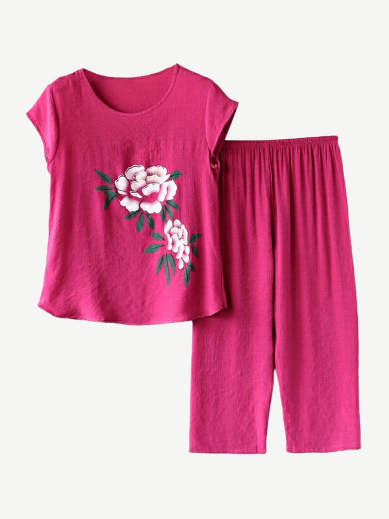 Kvinner Blomster Med Trykk Plus Size Pyjamas Løs Kortermet Loungewear