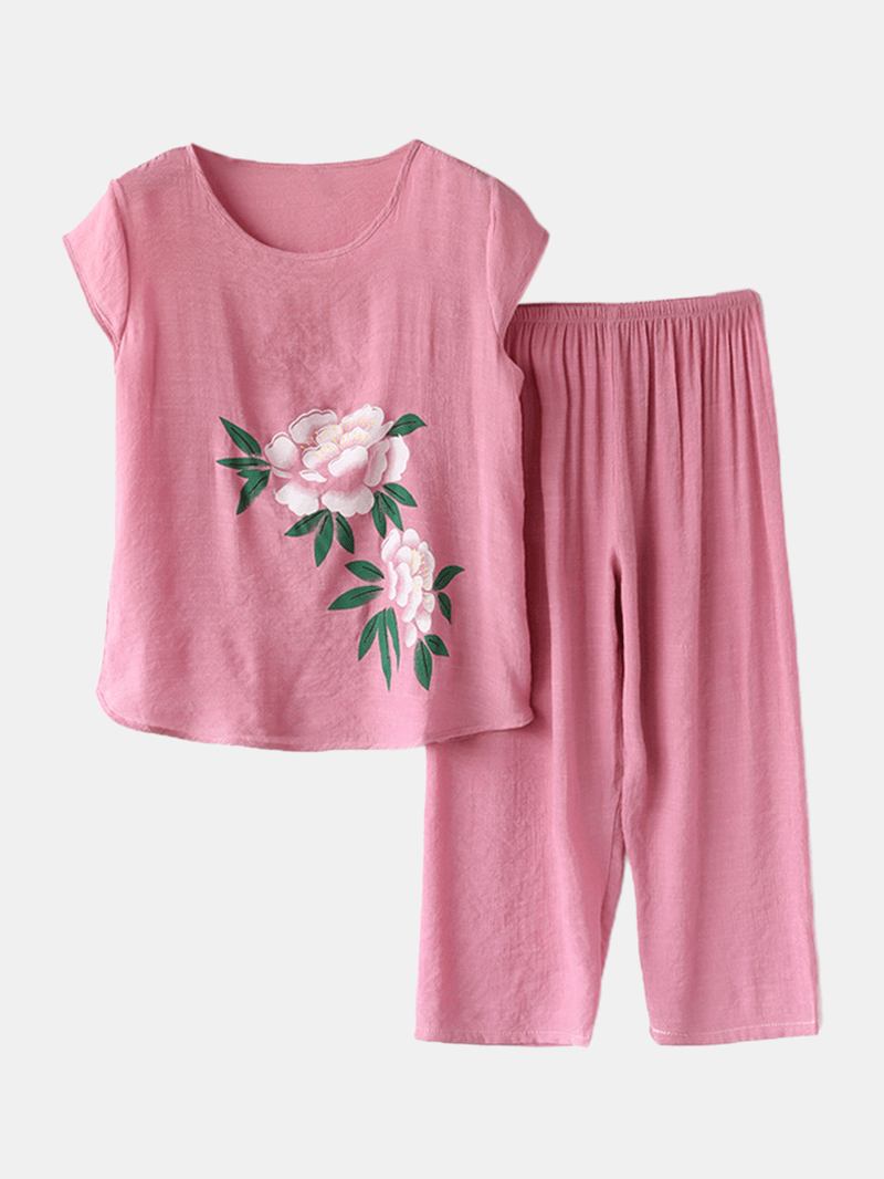 Kvinner Blomster Med Trykk Plus Size Pyjamas Løs Kortermet Loungewear