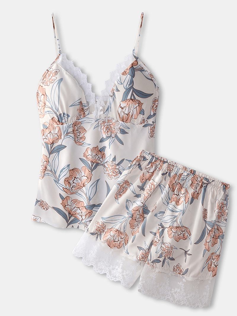 Kvinner Blomstertrykk Blondestrim Hjem Glatt Vest Pyjamassett