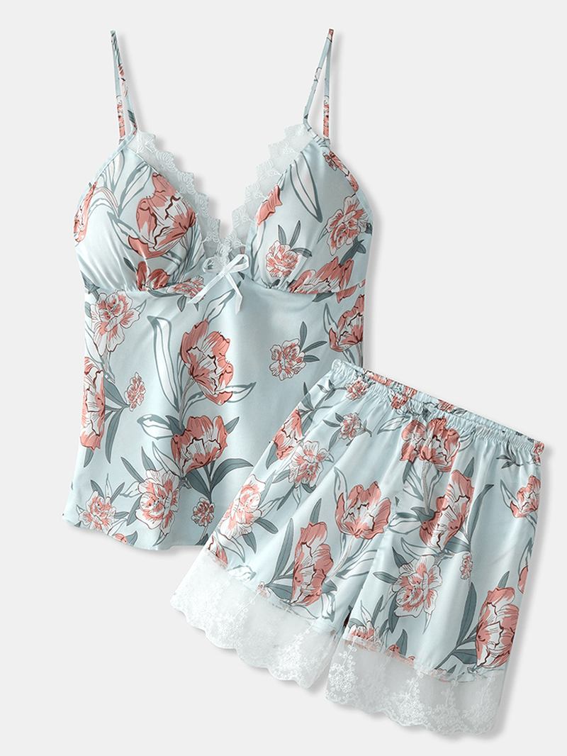 Kvinner Blomstertrykk Blondestrim Hjem Glatt Vest Pyjamassett