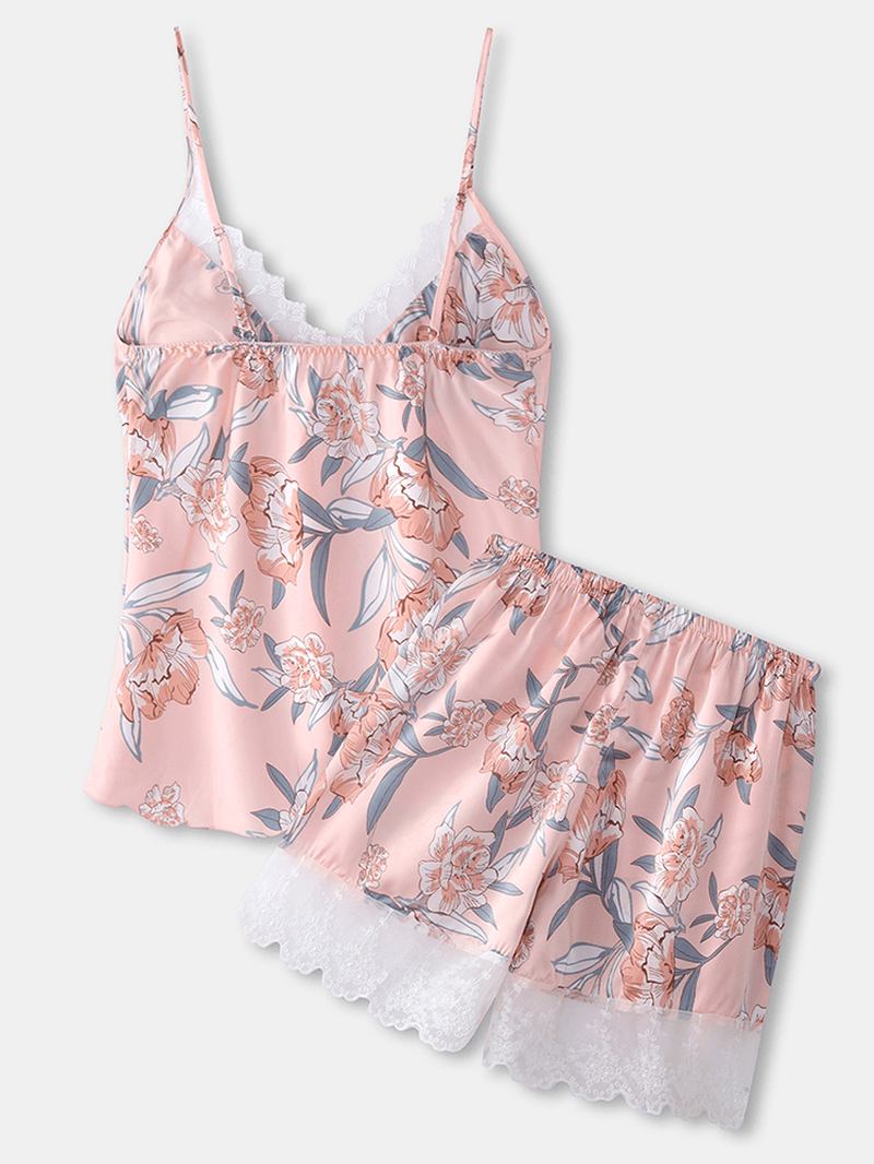 Kvinner Blomstertrykk Blondestrim Hjem Glatt Vest Pyjamassett