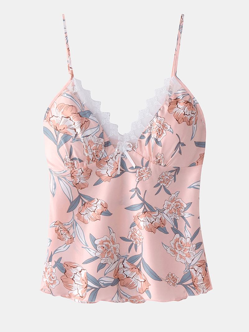 Kvinner Blomstertrykk Blondestrim Hjem Glatt Vest Pyjamassett