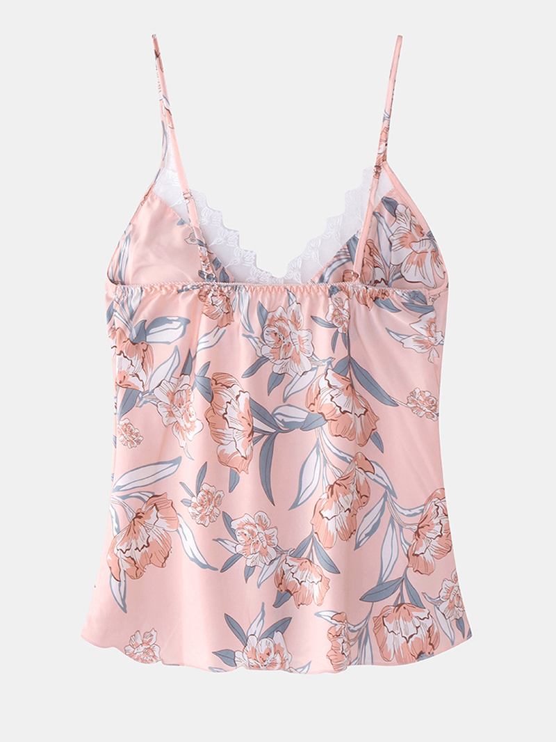 Kvinner Blomstertrykk Blondestrim Hjem Glatt Vest Pyjamassett