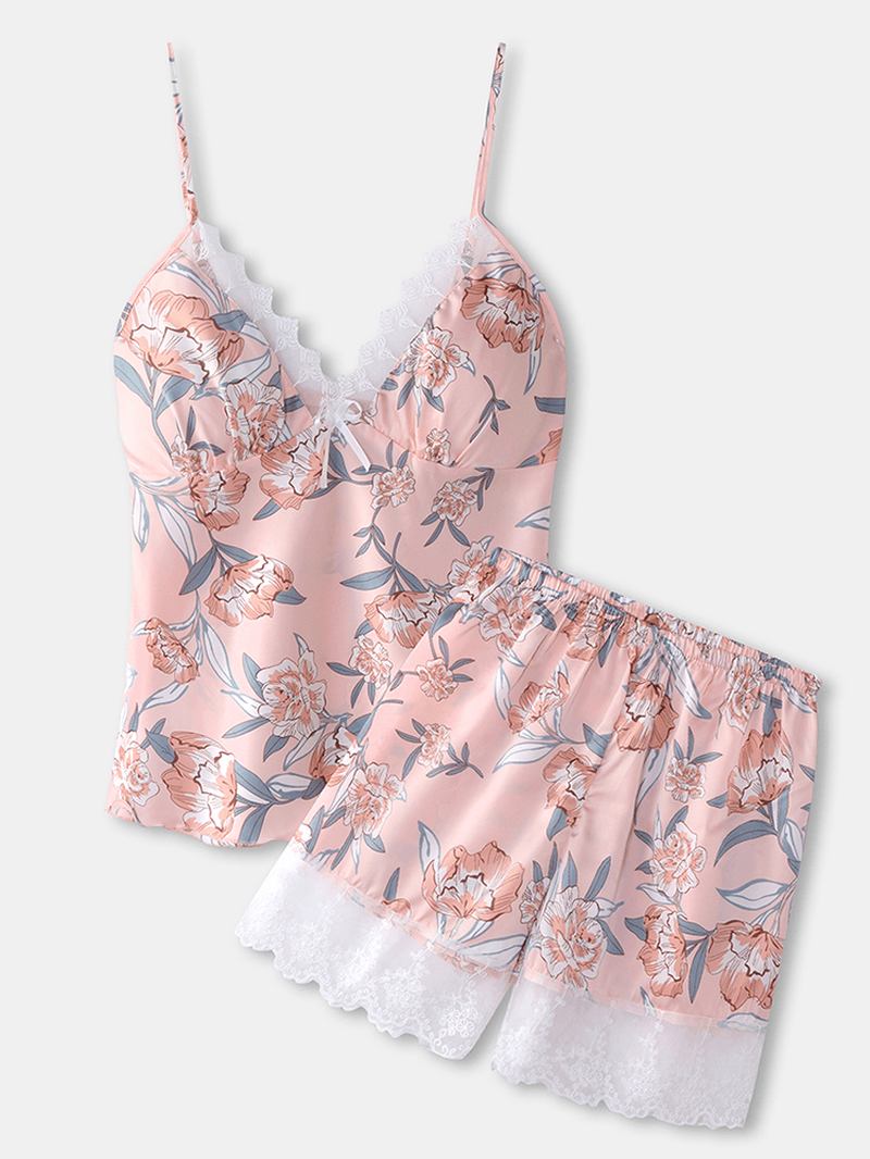 Kvinner Blomstertrykk Blondestrim Hjem Glatt Vest Pyjamassett