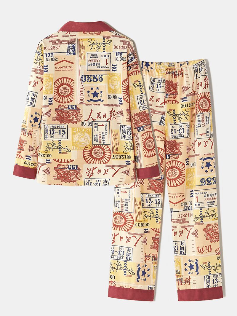 Kvinner Bomull Vintage Kinesisk Stil Med Trykk Button Up Langermet Elastisk Midje Hjem Fritids Pyjamas Set