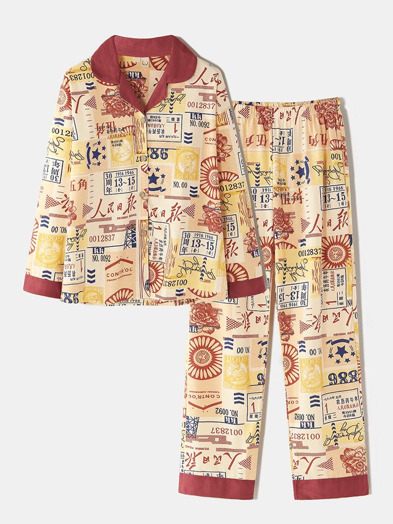 Kvinner Bomull Vintage Kinesisk Stil Med Trykk Button Up Langermet Elastisk Midje Hjem Fritids Pyjamas Set