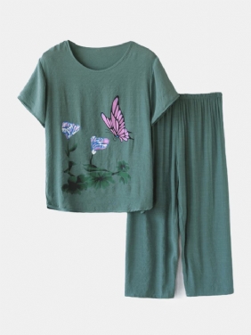 Kvinner Butterfly Blomstrete Med Trykk Loungewear Løs Pustende Sommerpyjamas