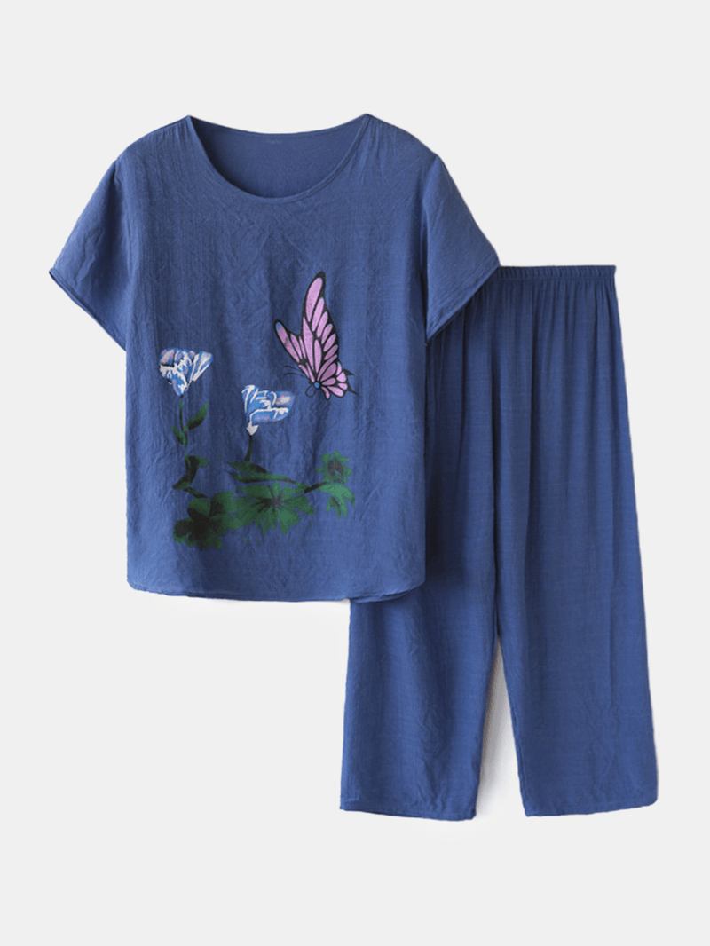 Kvinner Butterfly Blomstrete Med Trykk Loungewear Løs Pustende Sommerpyjamas