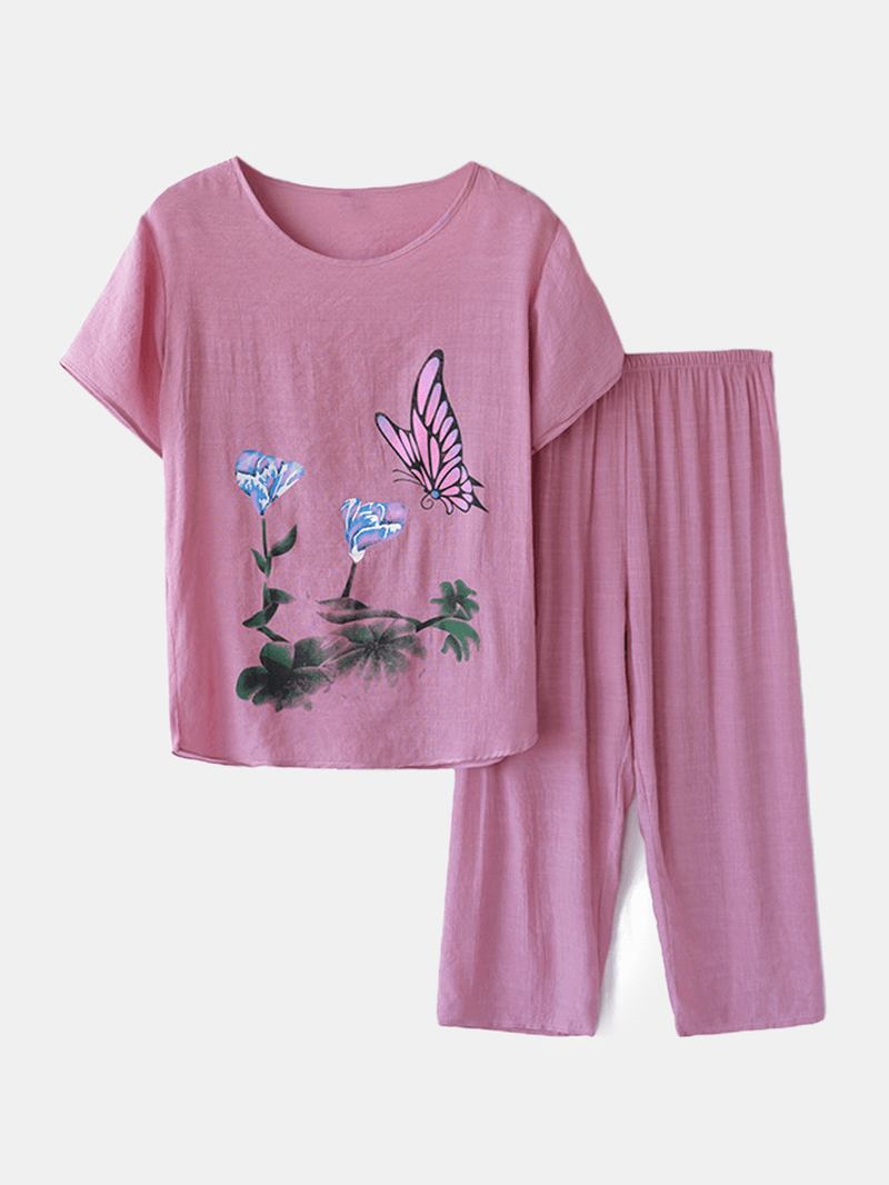 Kvinner Butterfly Blomstrete Med Trykk Loungewear Løs Pustende Sommerpyjamas