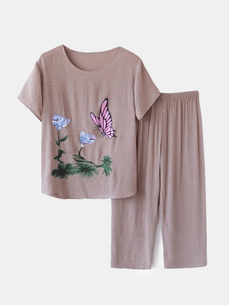 Kvinner Butterfly Blomstrete Med Trykk Loungewear Løs Pustende Sommerpyjamas