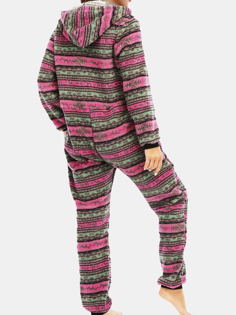 Kvinner Christmas Fleece Stripet Hjem Snøring Langermet Ett Sett Hette Pyjamas