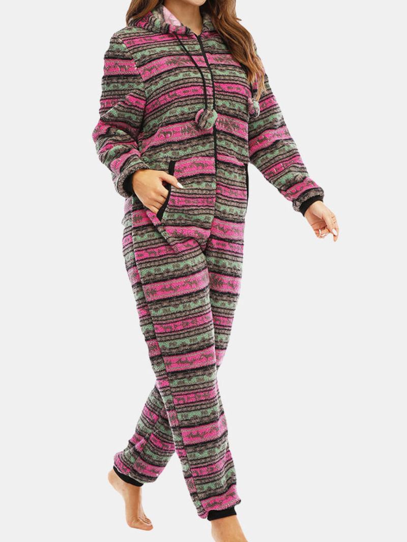 Kvinner Christmas Fleece Stripet Hjem Snøring Langermet Ett Sett Hette Pyjamas