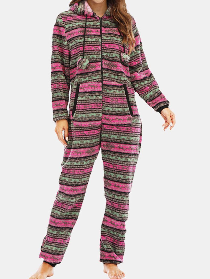 Kvinner Christmas Fleece Stripet Hjem Snøring Langermet Ett Sett Hette Pyjamas