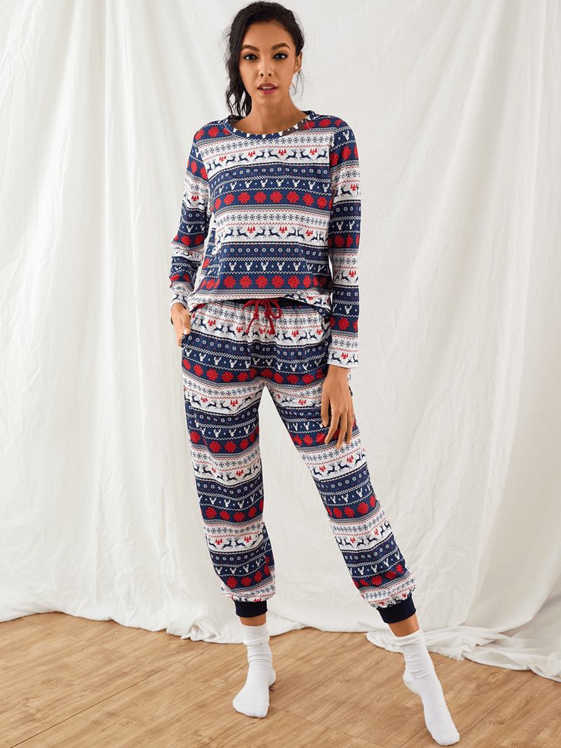 Kvinner Christmas Tegneserie Vintage Med Trykk Langermet Pullover Snøring Jogger Pants Hjem Pyjamas Set