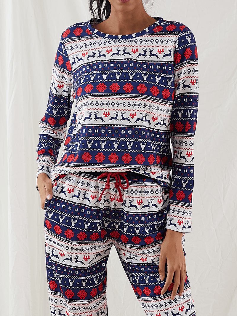 Kvinner Christmas Tegneserie Vintage Med Trykk Langermet Pullover Snøring Jogger Pants Hjem Pyjamas Set