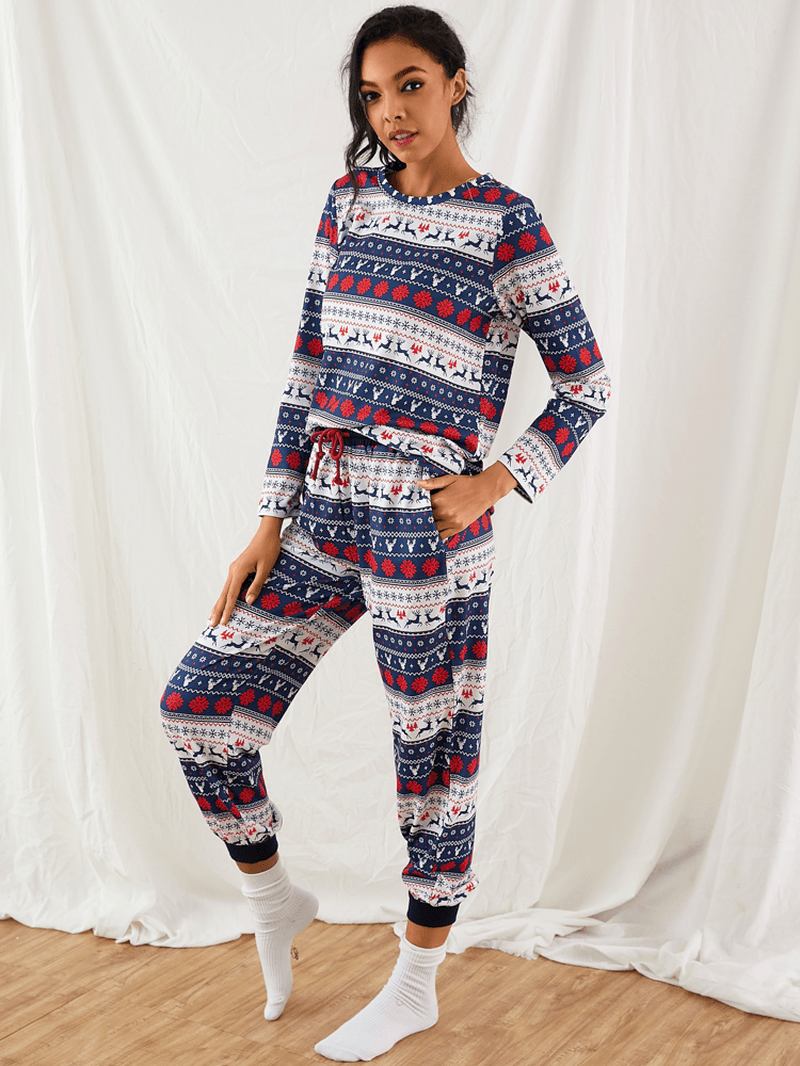 Kvinner Christmas Tegneserie Vintage Med Trykk Langermet Pullover Snøring Jogger Pants Hjem Pyjamas Set