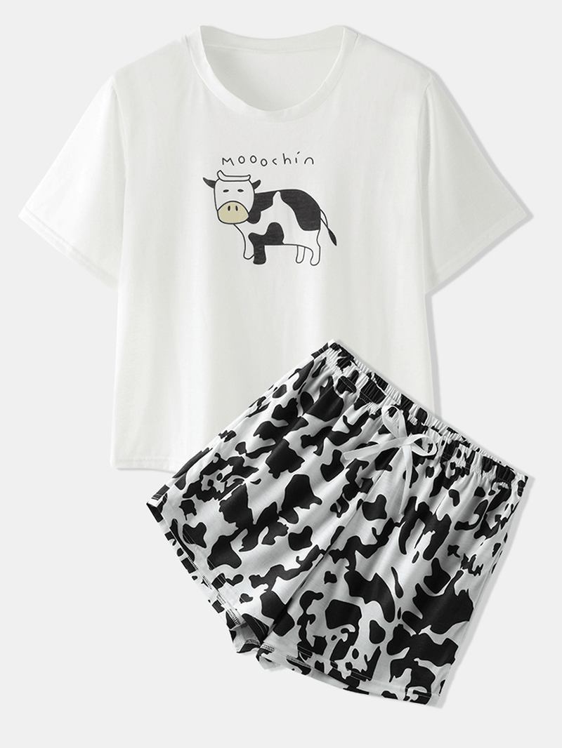 Kvinner Cow Med Trykk Pyjamas Short Set O-neck Sommer Natttøy