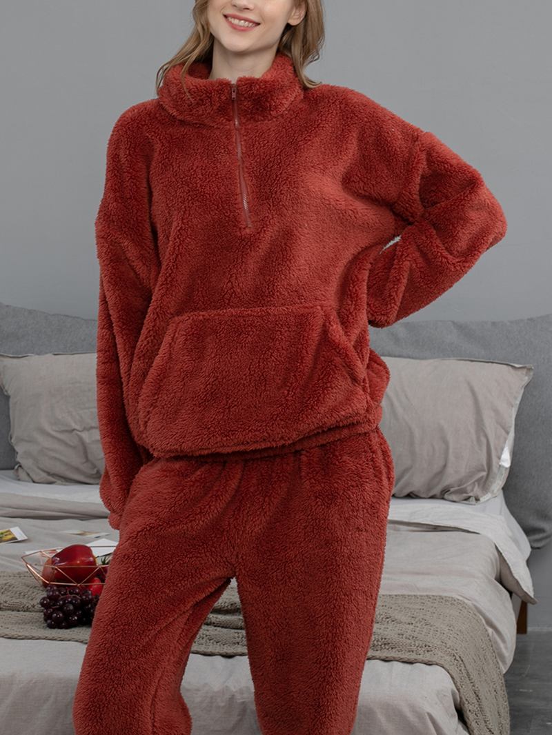 Kvinner Ensfarget Plysj Fluffy Kenguru Lomme Pullover Joggerbukser Hjem Pyjamassett