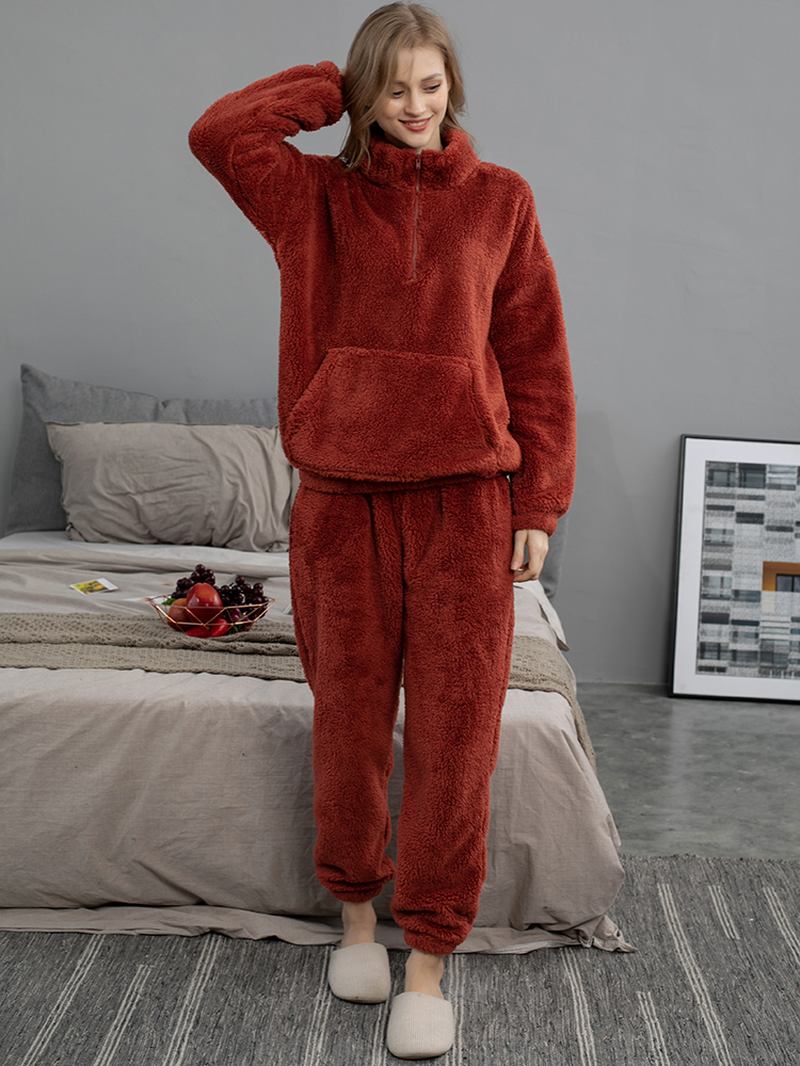 Kvinner Ensfarget Plysj Fluffy Kenguru Lomme Pullover Joggerbukser Hjem Pyjamassett