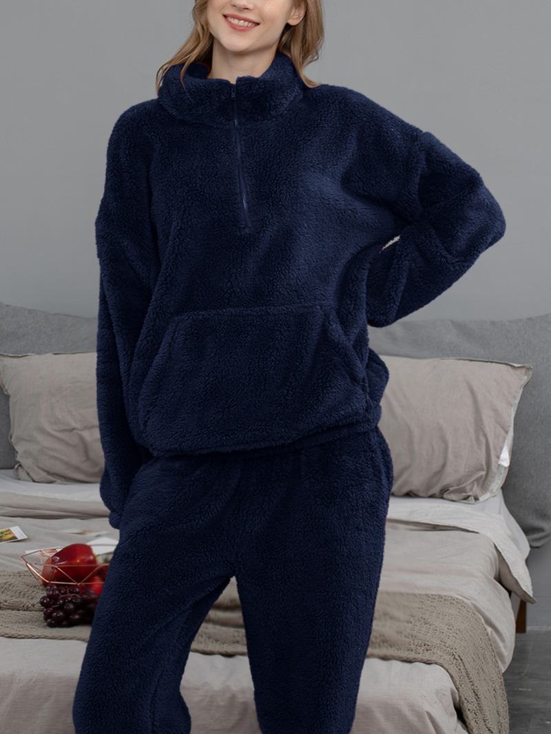 Kvinner Ensfarget Plysj Fluffy Kenguru Lomme Pullover Joggerbukser Hjem Pyjamassett