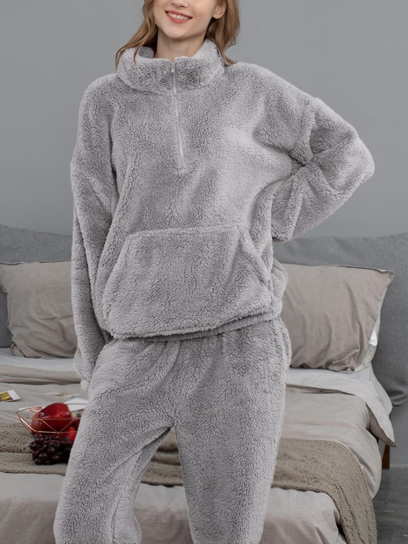 Kvinner Ensfarget Plysj Fluffy Kenguru Lomme Pullover Joggerbukser Hjem Pyjamassett