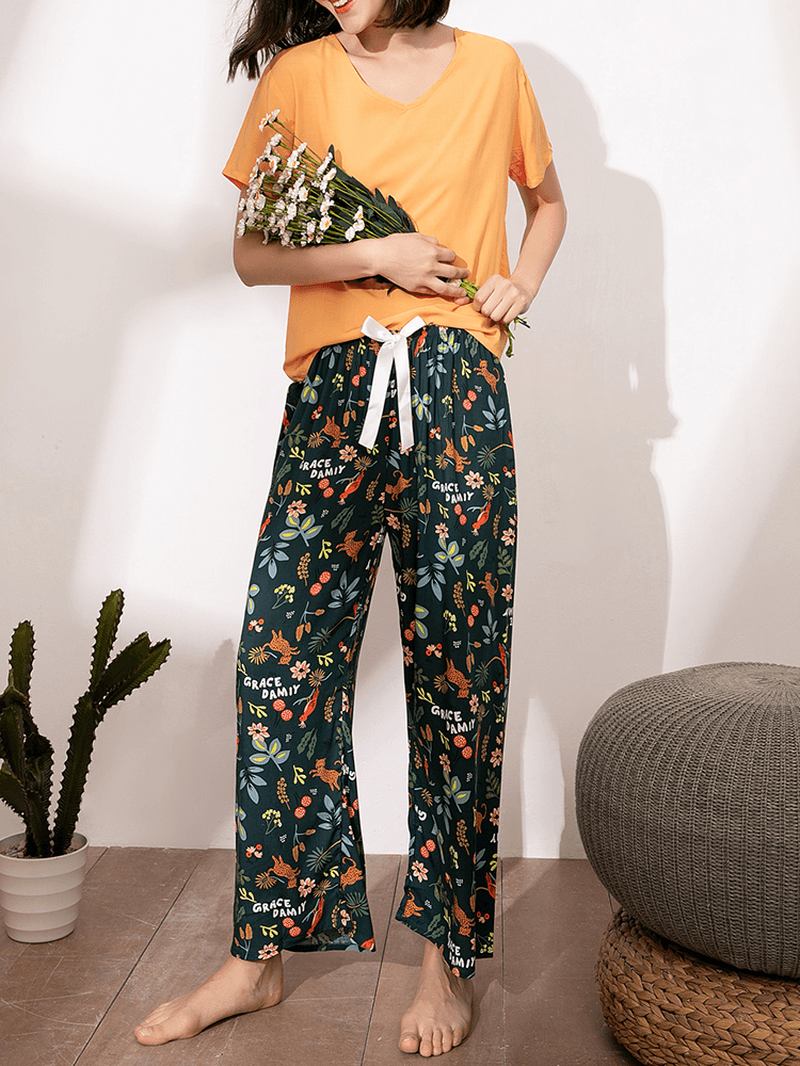 Kvinner Etnisk Stil Crane Med Trykk V-hals Wide Leg Pyjamas Set