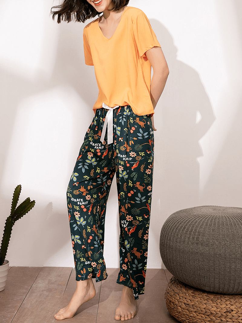 Kvinner Etnisk Stil Crane Med Trykk V-hals Wide Leg Pyjamas Set