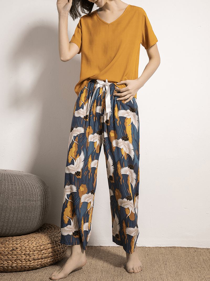 Kvinner Etnisk Stil Crane Med Trykk V-hals Wide Leg Pyjamas Set