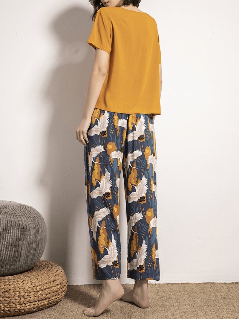 Kvinner Etnisk Stil Crane Med Trykk V-hals Wide Leg Pyjamas Set