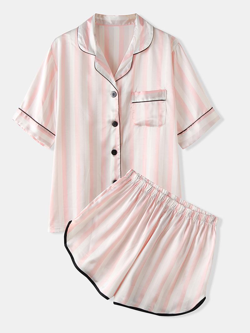 Kvinner Fargerike Stripet Button Up Revere Krage Lomme Hjem Ice Silk Pyjamas Set