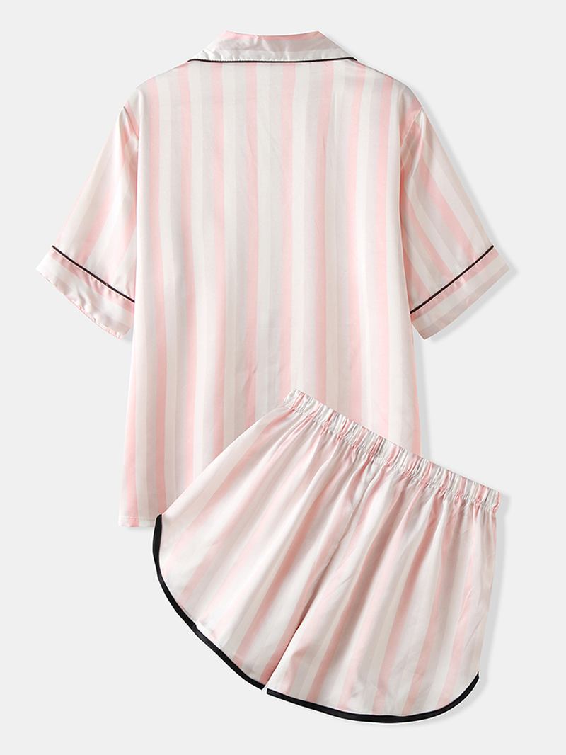 Kvinner Fargerike Stripet Button Up Revere Krage Lomme Hjem Ice Silk Pyjamas Set