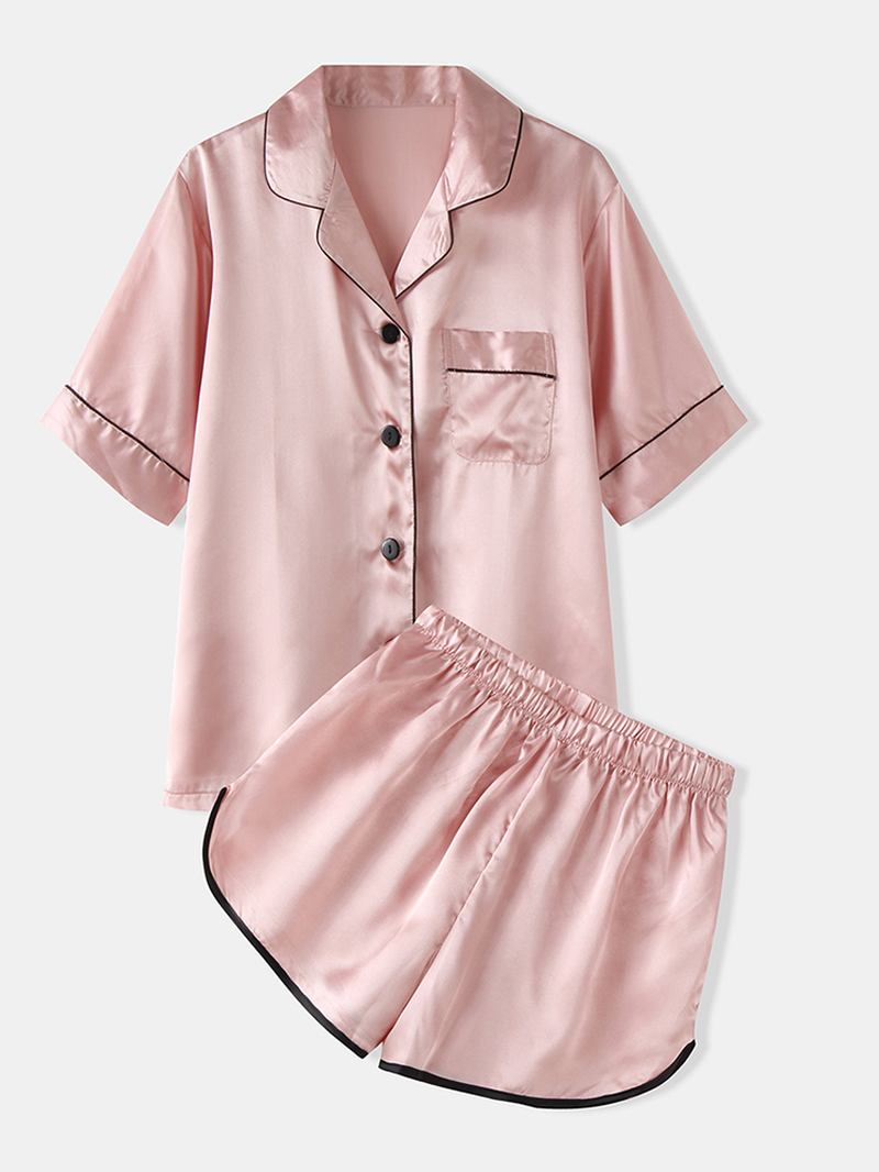 Kvinner Fargerike Stripet Button Up Revere Krage Lomme Hjem Ice Silk Pyjamas Set