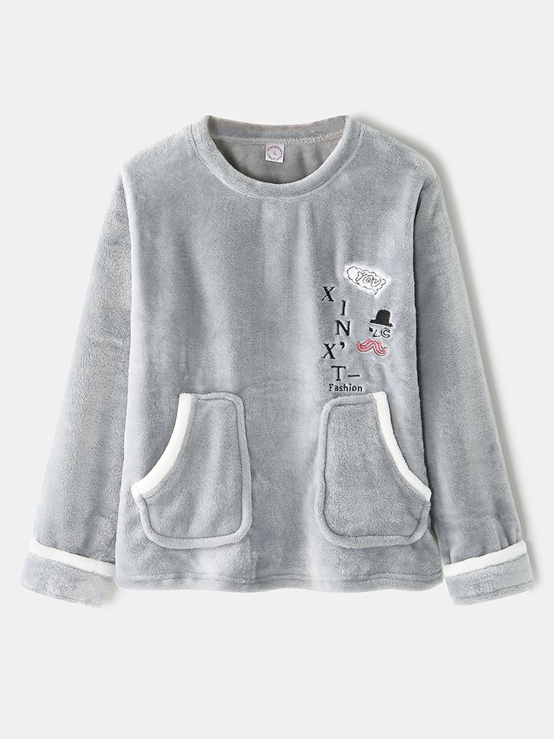 Kvinner Flanell Letter Graphics Broderi Sweaters Elastiske Midjebukser Hjemmepysjamassett