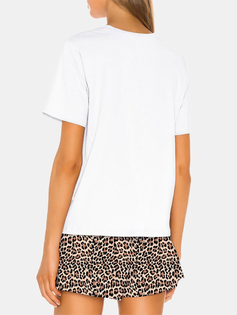 Kvinner Funny Leopard Med Trykk Rund Hals Kortermet Pustende Pyjamassett