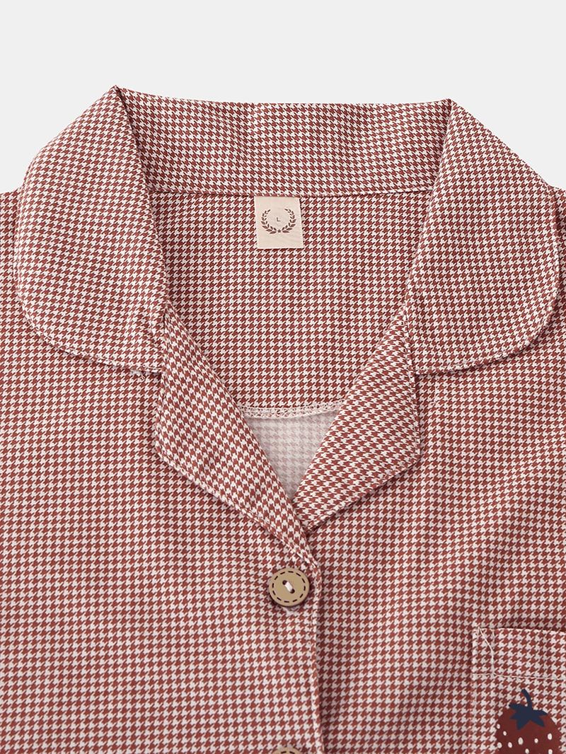 Kvinner Houndstooth Med Trykk Rever Collar Button Up Home Pyjamassett